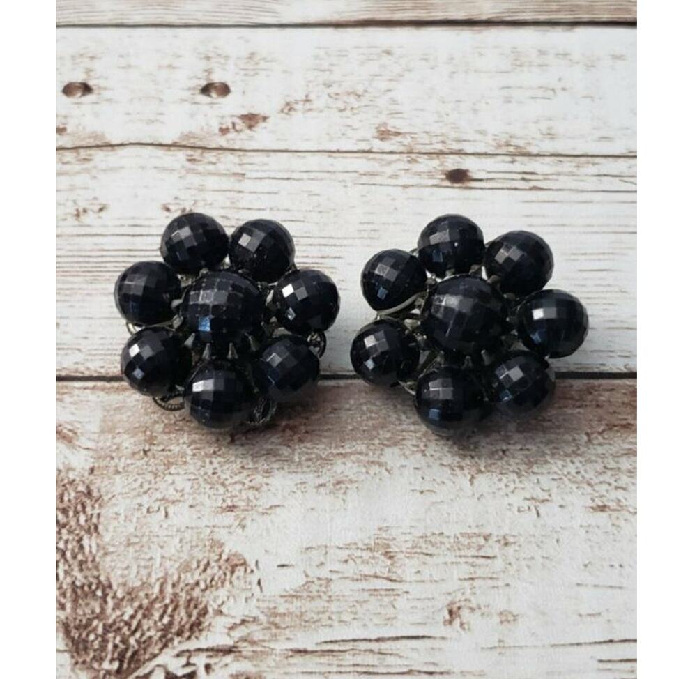 Vintage Clip On Earrings - Black Faceted Beaded Flower Cluster